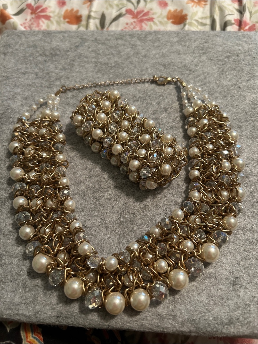 Gold Faux Pearl and Crystal Statement Necklace and Bracelet Set